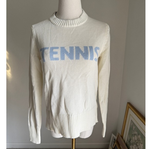RENWICK XS Knit Graphic Tennis Sweater Ribbed Long Sleeve Ivory Blue Preppy - Picture 1 of 8